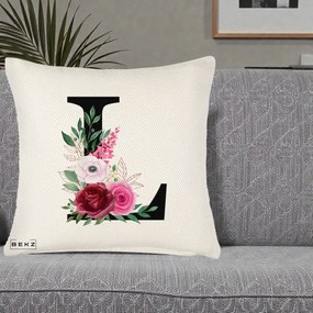 Cadou Personalizat - Perna Personalizata Monograma Florala Litera L, 40x40 cm, Crem Reliefat, Husa Detasabila, Perna Inclusa, BEKZ®