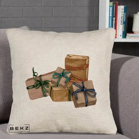 Perna Decorativa Cadouri de Craciun Kraft, 40x40 cm, Bej Canapea, Husa Detasabila, Perna Inclusa, BEKZ®