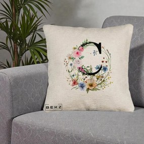 Cadou Personalizat - Perna Personalizata Monogram Litera C cu Flori Acuarela, 40x40 cm, Bej Canapea, Husa Detasabila, Perna Inclusa, BEKZ®