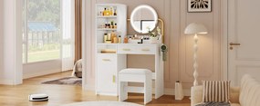 Masuta machiaj cu Oglinda LED si 3 Sertare pentru Cosmetice, Set Masa toaleta 80 cm, Alb, masuta cosmetica, vanity - SEA825