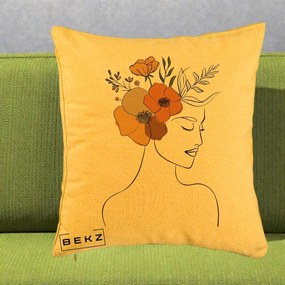 Perna Decorativa Portret Feminin Flori Galbene-Portocalii, 40x40 cm, Galben, Husa Detasabila, Perna Inclusa, BEKZ®