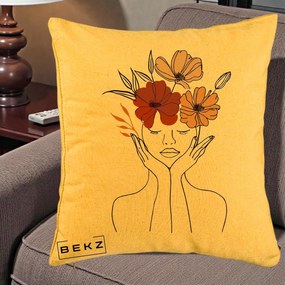 Perna Decorativa Portret Feminin Coroana Trei Flori, 40x40 cm, Galben, Husa Detasabila, Perna Inclusa, BEKZ®