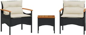 vidaXL Set mobilier de grădină cu perne, 3 piese, negru, poliratan