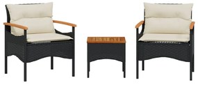 368404 vidaXL Set mobilier de grădină cu perne, 3 piese, negru, poliratan