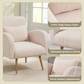 HOMCOM Fotoliu pentru Sufragerie Captusit, Fotoliu de Cameră în Material Teddy cu Pernă Lombardă, Fotoliu de Lectură cu Picioare cu Efect de Lemn din Metal pentru Sufragerie și Birou, 77x77x83 cm, Bej | Aosom Romania