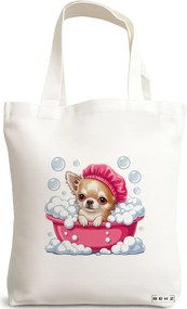 Sacosa de Panza pentru Cumparaturi, Geanta Tote, model Funny Puppy bathing 38 x 34.5 cm, Alba, BEKZ®