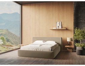 Pat matrimonial maro deschis tapițat cu spațiu de depozitare cu somieră 140x200 cm Kiana – Makamii