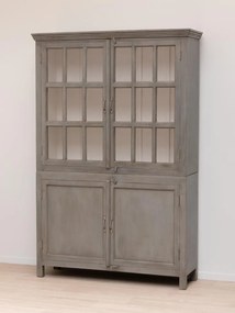 Vitrină clasică din lemn masiv de mango cu 4 uși vitrate și rafturi, finisaj gri antichizat, 135×42×204 cm, „Cheverny"