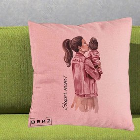 Cadou pentru Mama - Perna Personalizata Super Mom Jachete Roz, 40x40 cm, Roz, Husa Detasabila, Perna Inclusa, BEKZ®