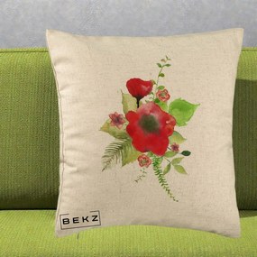 Perna Decorativa Buchet Rosu Acuarela, 40x40 cm, Bej, Husa Detasabila, Perna Inclusa, BEKZ®