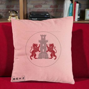 Perna Personalizata Cetatea Turnu Magurele Heraldic, 40x40 cm, Roz, Husa Detasabila, Perna Inclusa, BEKZ®