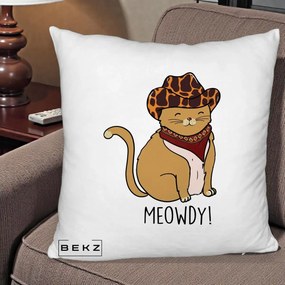Perna Decorativa Pisica Cowboy Meowdy, 40x40 cm, Alb Pufos, Husa Detasabila, Perna Inclusa, BEKZ®
