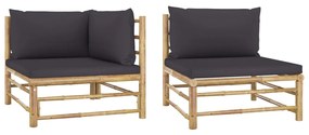 Set mobilier de gradina cu perne gri inchis, 2 piese, bambus 1, Morke gra, Canapea de centru + canapea de colt