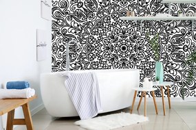 Tapet ornament cu motiv floral în alb-negru