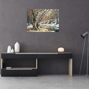 Tablou pe sticlă cu peisaj de iarnă pictat (70x50 cm)