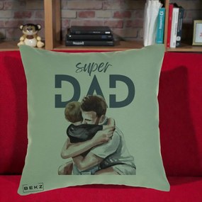 Cadou pentru Tata - Perna Personalizata Super Dad Tata si Fiu Imbratisare, 40x40 cm, Verde, Husa Detasabila, Perna Inclusa, BEKZ®