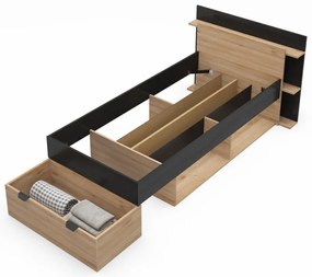 Pat negru/în culoare naturală cu aspect de lemn de stejar cu spațiu de depozitare fără somieră 90x200 cm Albo – Marckeric