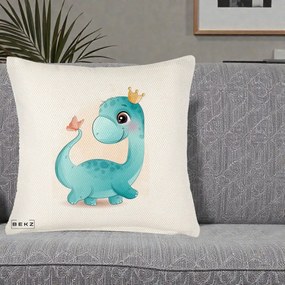 Perna Personalizata Dinozaur Bland Coroana Kawaii, 40x40 cm, Crem Reliefat, Husa Detasabila, Perna Inclusa, BEKZ®