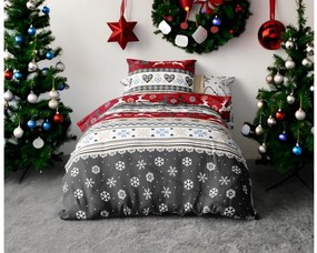 2x lenjerie de pat de flanel CHRISTMAS DEER rosu + cearceaf microplus SOFT 180x200 cm gri inchis