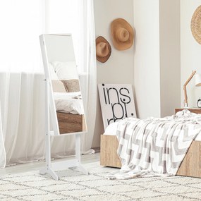 HOMCOM Oglindă Portbijuterii, Dulap Portbijuterii cu Unghi Reglabil, Organizator pentru Inele, Coliere, Cercei, Încuietoare cu Cheie, pentru Dormitor, Living, 46x36.5x151.5cm, Alb | Aosom Romania