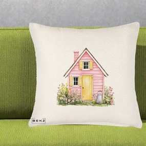 Perna Decorativa Casuta Roz Acuarela cu Gradina, 40x40 cm, Crem Reliefat, Husa Detasabila, Perna Inclusa, BEKZ®