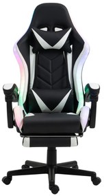 Scaun gaming, sistem iluminare bandă LED RGB, masaj în perna lombară, suport picioare, Negru/Alb,