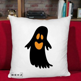 Perna Decorativa Halloween Fantoma Neagra cu Ochi Portocalii, 40x40 cm, Alb Pufos, Husa Detasabila, Perna Inclusa, BEKZ®