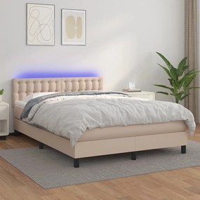 Pat cu arcuri, cu saltea si LED cappuccino 140x190 cm piele eco Cappuccino, 140 x 190 cm, Nasturi de tapiterie