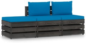 Set mobilier gradina cu perne, 3 piese, gri, lemn tratat Albastru deschis si gri, 3