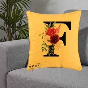 Cadou Personalizat - Perna Personalizata Monograma Florala Litera F, 40x40 cm, Galben, Husa Detasabila, Perna Inclusa, BEKZ®