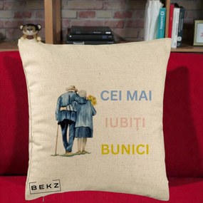 Cadou pentru Bunici - Perna Personalizata Cei Mai Iubiti Bunici Acuarela Spate, 40x40 cm, Bej, Husa Detasabila, Perna Inclusa, BEKZ®