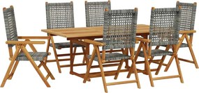 vidaXL Set masă pentru grădină, 7 piese, gri, poliratan/lemn masiv