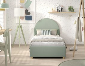 Pat tapițat pentru copii MOON, 90 x 200 cm, verde, cu țesătură bouclé și spațiu de depozitare – Vipack