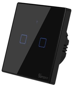 Intrerupator dublu smart, sticla securizata neagra, montaj in doza, compatibil Alexa si Google Assistant, Sonoff