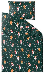 Set 2 buc lenjerie cocolino SNOWMAN AND GINGERBREAD verde + cearsaf Cocolino microplus cu elastic SOFT 180x200 cm alb, pat dublu