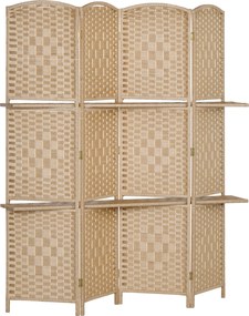 HOMCOM Paravan Interior Pliabil cu 4 Panouri și Rafturi, 160x1,6x170 cm, Natural | Aosom Romania