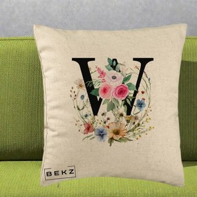 Cadou Personalizat - Perna Personalizata Monograma Florala Litera W, 40x40 cm, Bej, Husa Detasabila, Perna Inclusa, BEKZ®