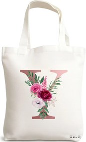 Sacosa de Panza pentru Cumparaturi, Geanta Tote, Cu litera Y Rose Gold si Trandafiri, 38x34.5 cm, Alba, BEKZ®