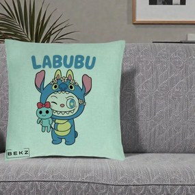 Perna Personalizata Labubu x Stitch cu Flori, 40x40 cm, Verde Menta, Husa Detasabila, Perna Inclusa, BEKZ®