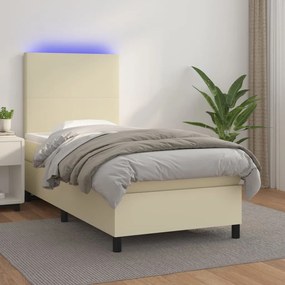 3135809 vidaXL Pat cu arcuri, saltea și LED, crem, 100x200 cm, piele ecologică