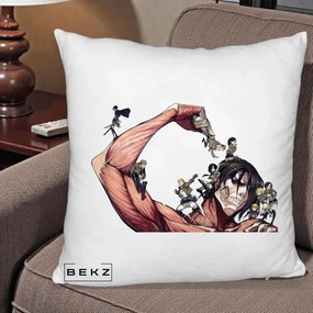 Perna Personalizata Attack on Titan Eren Titan Grup, 40x40 cm, Alb Pufos, Husa Detasabila, Perna Inclusa, BEKZ®