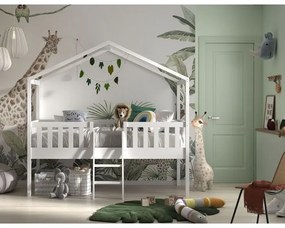 Pat Căsuță Supraetajat cu Scară, Alb, 90 x 200 cm, Pin Scandinavian – Dallas – Vipack