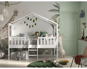 Pat Căsuță Supraetajat cu Scară, Alb, 90 x 200 cm, Pin Scandinavian – Dallas – Vipack