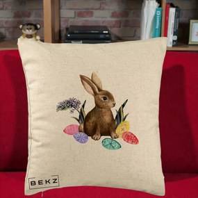 Perna Decorativa Iepuras cu Oua de Pasti Acuarela, 40x40 cm, Bej, Husa Detasabila, Perna Inclusa, BEKZ®
