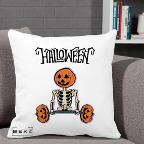 Perna Decorativa Halloween Schelet cu Cap de Dovleac Powerlifting, 40x40 cm, Alba Mata, Husa Detasabila, Perna Inclusa, BEKZ®