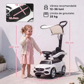 AIYAPLAY Mașinuță de Împins pentru Copii 3 în 1 cu Licență Mercedes-Benz, Mâner, Copertină, Claxon, Muzică, Alb | Aosom Romania
