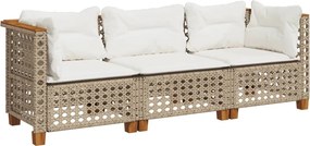 vidaXL Canapea de grădină cu perne, 3 locuri, bej, poliratan