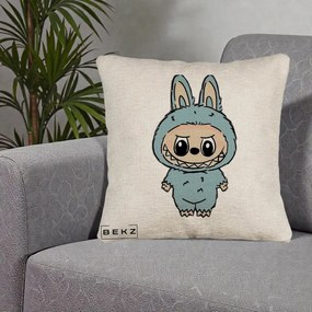 Perna Personalizata Labubu Albastru-Gri Solo, 40x40 cm, Bej Canapea, Husa Detasabila, Perna Inclusa, BEKZ®