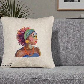 Perna Decorativa Portret Femeie Urbana Acuarela, 40x40 cm, Bej Canapea, Husa Detasabila, Perna Inclusa, BEKZ®