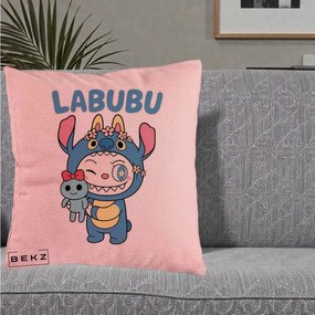Perna Personalizata Labubu x Stitch cu Flori, 40x40 cm, Roz, Husa Detasabila, Perna Inclusa, BEKZ®